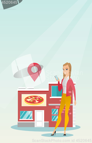 Image of Woman looking for a restaurant in her smartphone.
