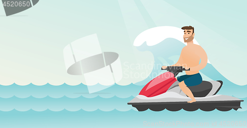 Image of Caucasian man riding on a water scooter in the sea