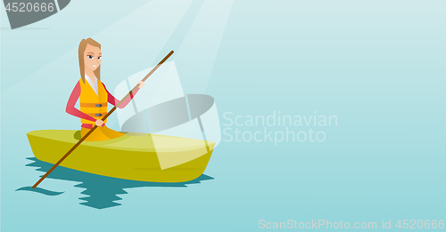 Image of Young caucasian woman travelling by kayak.