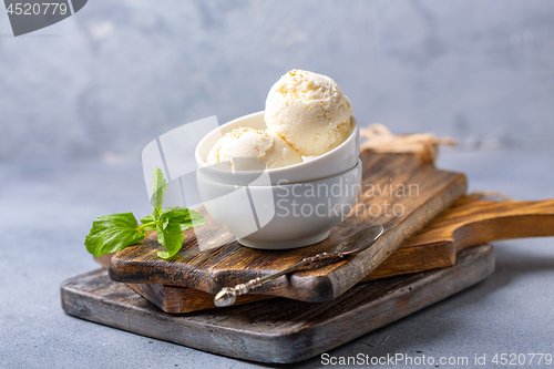 Image of Balls of homemade ice cream in a bowl.