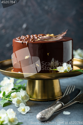 Image of Chocolate cake with mirror glaze.