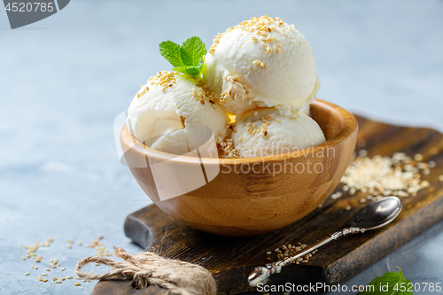 Image of Artisanal tahini ice cream with sesame seeds.