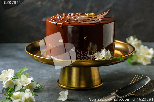 Image of Modern mousse cake with chocolate decor.