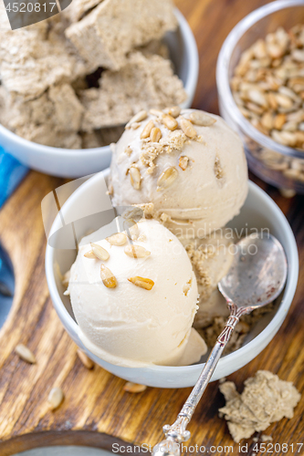 Image of Artisanal ice cream with halva and sunflower seeds.