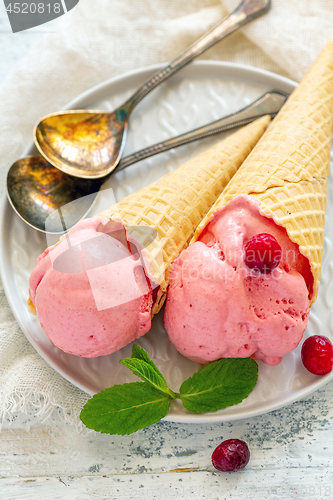 Image of Waffle cones with cranberry ice cream balls.