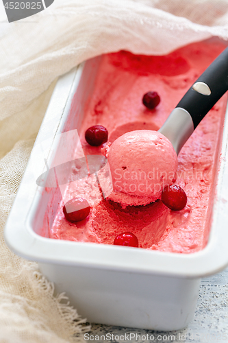 Image of Homemade cranberry ice cream and ice cream spoon.