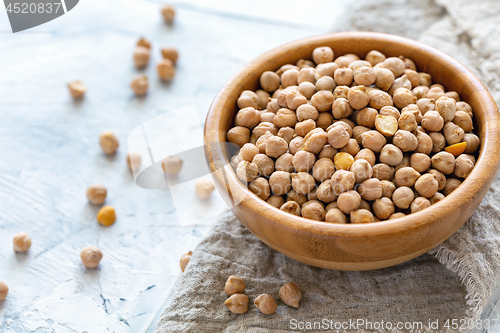 Image of Dry chickpeas in a wooden bowl closeup.