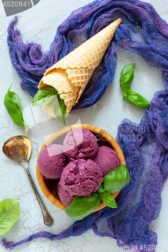 Image of Artisanal blueberry ice cream with green basil.