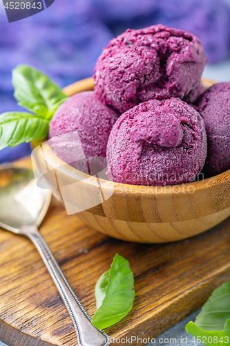 Image of Bowl of homemade blueberry ice cream.