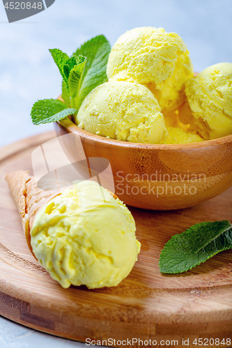 Image of Golden colored turmeric ice cream in wooden bowl.