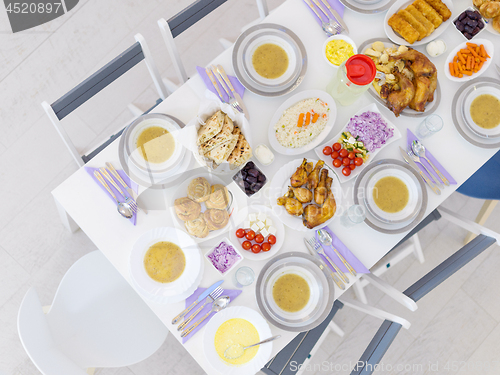 Image of top view of beautiful decorated and served colorful food