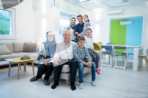 Image of portrait of happy modern muslim family