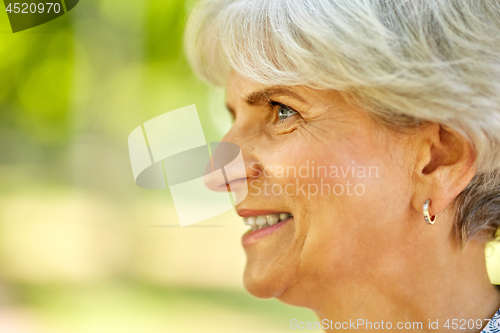 Image of portrait of happy senior woman at summer park