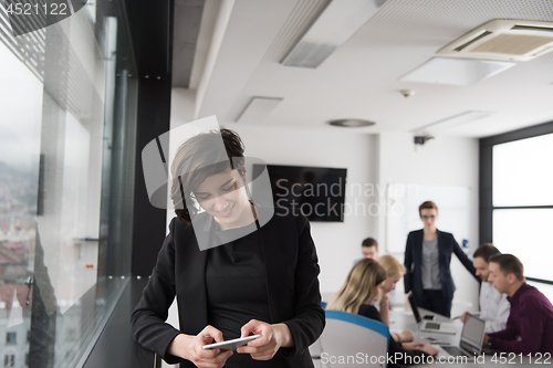 Image of Elegant Woman Using Mobile Phone by window in office building