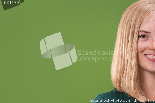 Image of happy woman. image of female model on green