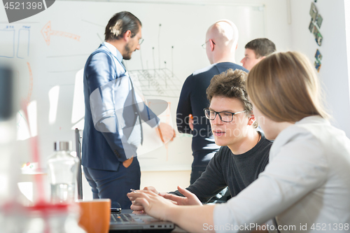 Image of Relaxed informal IT business startup company team meeting.