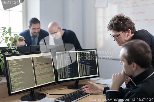 Image of Startup business problem solving. Software developers working on desktop computer.