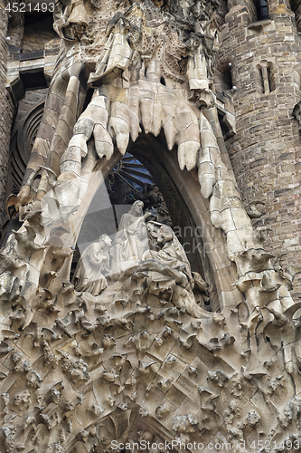 Image of Detail of Nativity facade of Sagrada Familia church in Barcelona