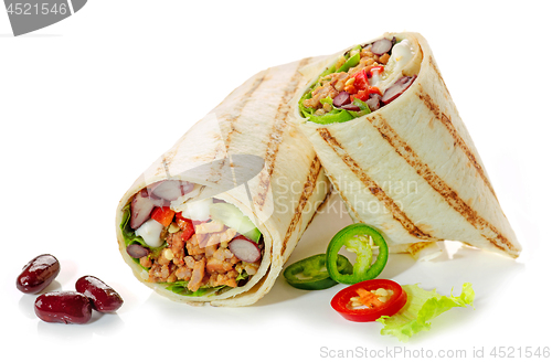 Image of Tortilla wrap with fried minced meat and vegetables