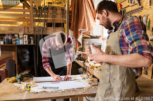 Image of carpenters with ruler and blueprint at workshop