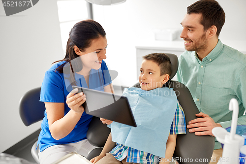 Image of dentist showing tablet pc to kid at dental clinic