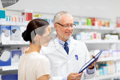 Image of apothecary and customer with tablet pc at pharmacy