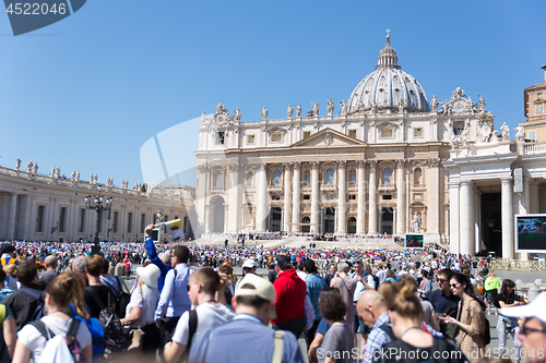 Image of View of St. Peters basilica from St. Peter\'s square in Vatican City, Vatican.