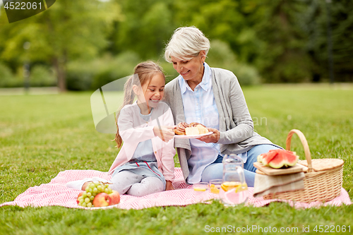 Image of grandmother and granddaughter at picnic in park