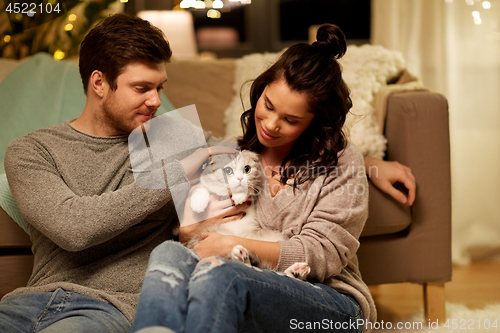Image of happy couple with cat at home