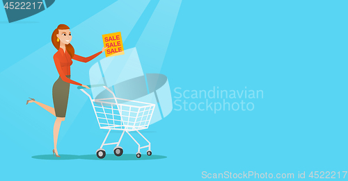 Image of Woman running in a hurry to the store on sale.