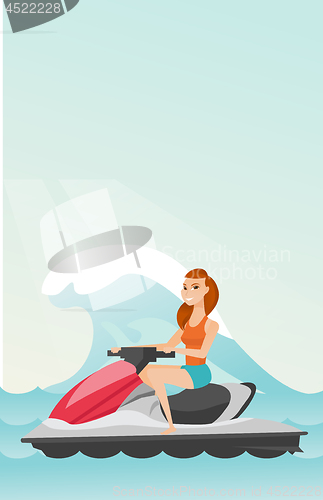 Image of Caucasian woman riding on water scooter in the sea