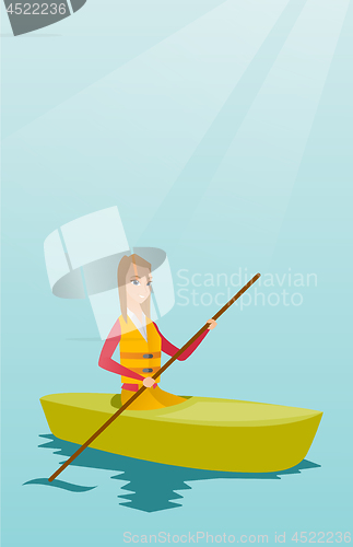 Image of Young caucasian woman travelling by kayak.