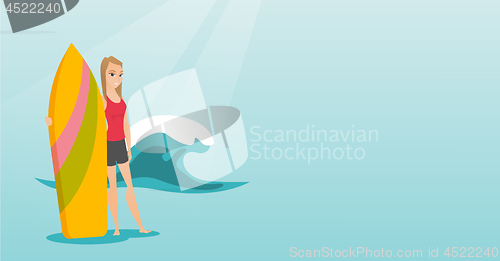 Image of Young caucasian surfer holding a surfboard.
