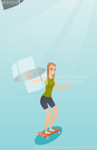 Image of Young caucasian woman riding skateboard.