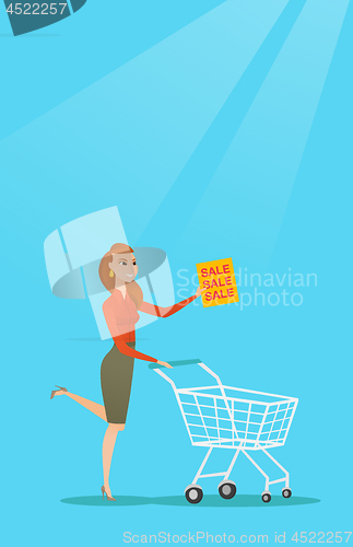 Image of Woman running in a hurry to the store on sale.