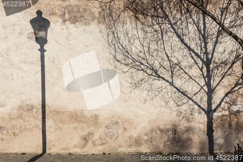 Image of Graphical and textured artisic image of old textured retro wall with vintage street lamp and tree shadow falling on the wall.