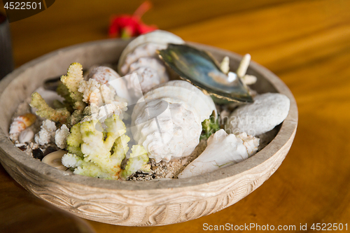 Image of close up of seashells and corals in bowl on table