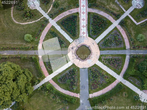 Image of Symmetrical round shape in the garden. The aerial view from the drone is strictly from above.