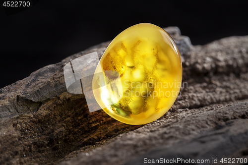 Image of Natural amber. A piece of yellow opaque natural amber on large piece of dark stoned wood.