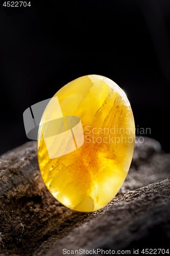 Image of Natural amber. A piece of yellow opaque natural amber on large piece of dark stoned wood.