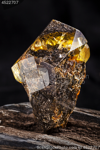 Image of Natural amber stone. A piece of dirty amber with transparent yellow layer on piece of stoned wood.