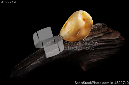 Image of Natural amber. A piece of yellow opaque natural amber on large piece of dark stoned wood.