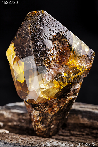 Image of Natural amber stone. A piece of dirty amber with transparent yellow layer on piece of stoned wood.