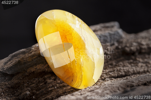 Image of Natural amber. A piece of yellow opaque natural amber on large piece of dark stoned wood.