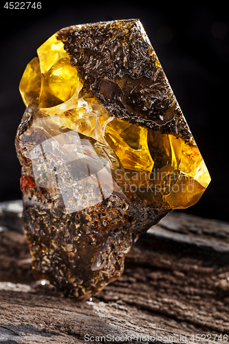 Image of Natural amber stone. A piece of dirty amber with transparent yellow layer on piece of stoned wood.