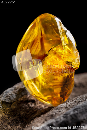 Image of Natural amber. A piece of yellow transparent natural amber on large piece of dark stoned wood.