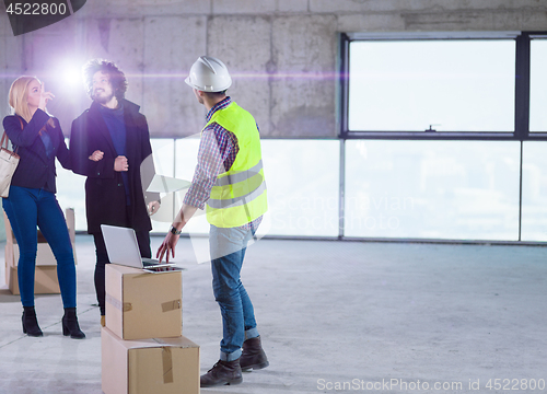 Image of business people in group, architect and engineer on construction