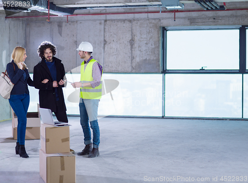 Image of business people in group, architect and engineer on construction