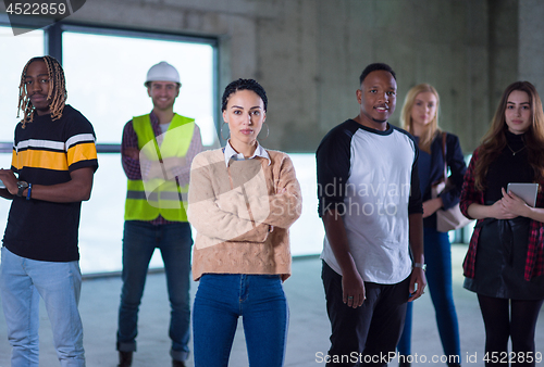 Image of multiethnic business people in group, architect and engineer on 