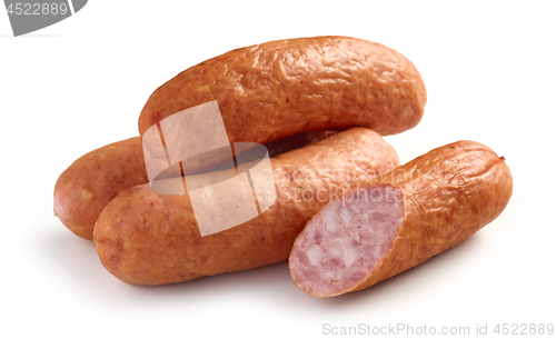 Image of smoked sausages on white background